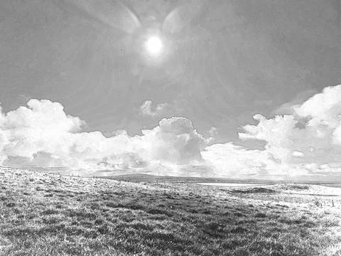 White fluffy clouds in the summer sky and natural landscape background, pen.. Stock Illustration