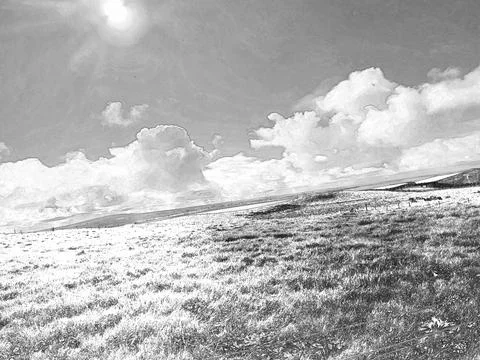 White fluffy clouds in the summer sky and natural landscape background, pen.. Stock Illustration
