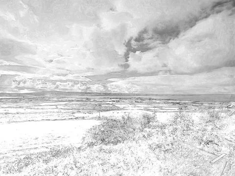 White fluffy clouds in the summer sky and natural landscape background, pen.. Stock Illustration