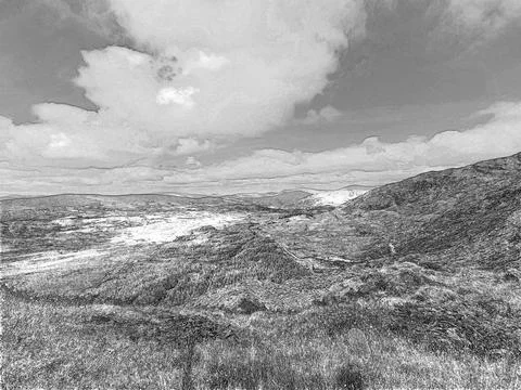 White fluffy clouds in the summer sky and natural landscape background, pen.. Stock Illustration