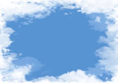 White fluffy clouds surround an opening that reveals clear blue sky where gra Stock Illustration