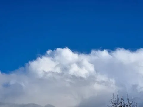 White fluffy cumulus clouds in the summer sky, natural clouds background Foto stock