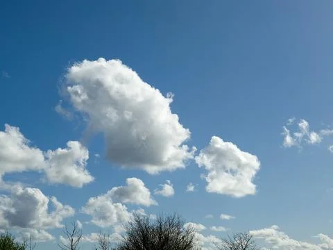 White fluffy cumulus clouds in the summer sky, natural clouds background Foto stock