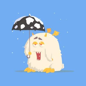 White Fluffy Monster With Tiny Wings And Umbrella In Winter Ilustración de archivo