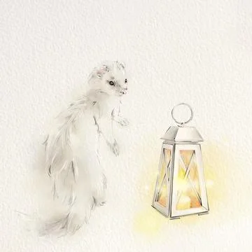White fluffy sable with a lantern. Background with a paper texture. Ilustración de archivo