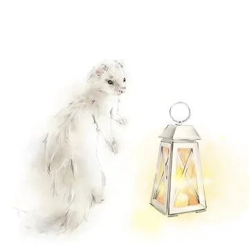 White fluffy sable with a lantern. White background. Ilustración de archivo