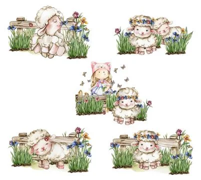 White fluffy sheeps sitting in the grass with flowers and butterflies. Wate.. Stock-Illustration