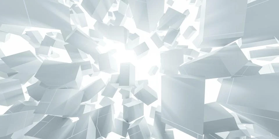 White flying abstract cubes with back lighting and motion blur background 3d Stock Illustration