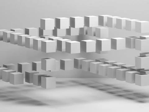 White flying cubes installation, 3d render 스톡 일러스트