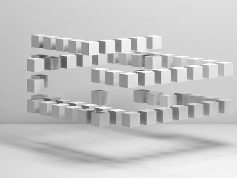 White flying cubes structure in empty room 3d Stock Illustration
