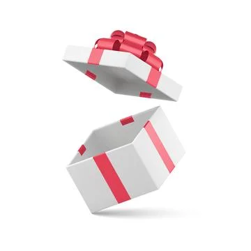 White flying wrapped gift box with open lid and red bow ribbon empty pack 3d  Illustrazione stock