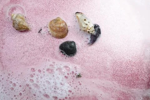 White foam, water and pink glitter with sea shells, abstract sea shore backdr Stock Photos
