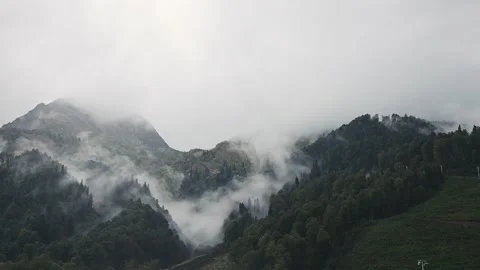 White fog clouds float in mountains among forest. Mysterious landscape, autumn Stockbeeldmateriaal 220197261
