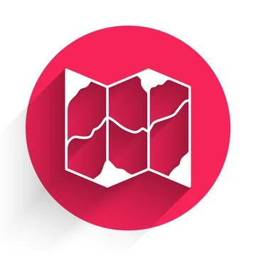 White Folded map icon isolated with long shadow. Red circle button. Vector Illustrazione stock