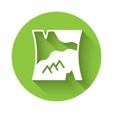 White Folded map icon isolated with long shadow background. Green circle button Stock Illustration