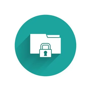White Folder and lock icon isolated with long shadow. Closed folder and padlock Stock Illustration