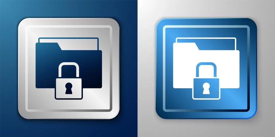 White Folder and lock icon isolated on blue and grey background. Closed folde Stock Illustration