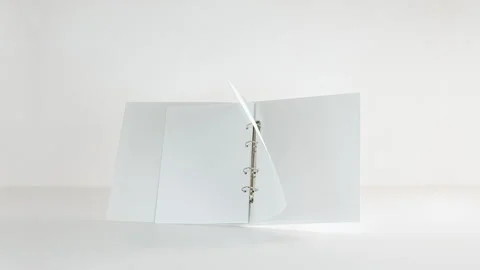 White Folder With Sheets Of Paper Flys and Turns Over In Stop Motion Stock Footage 300432354