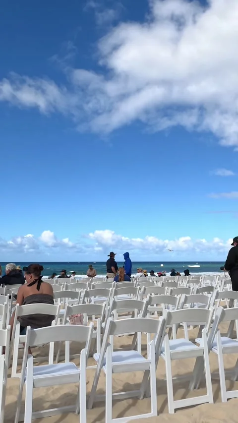 White Folding Chairs Arranged on Surfers Paradise Beach for Event Vídeo Stock 345013840