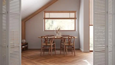 White folding door opening on attic dining room with table and chairs Parqu.. Stock Illustration