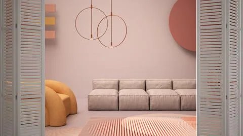 White folding door opening on colored contemporary living room, pastel colors Stock Illustration