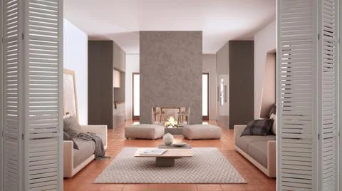 White folding door opening on cosy living room with sofa, carpet, table and p Stock Illustration