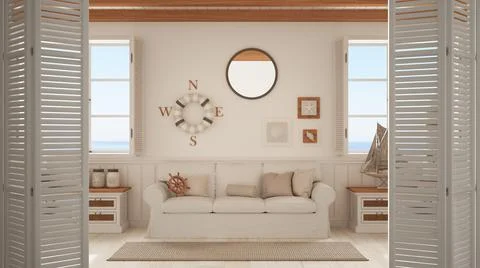 White folding door opening on marine style, living room with sofa and window. Stock Illustration