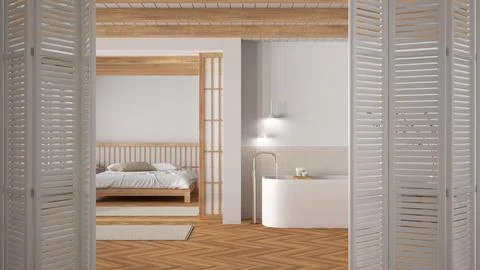 White folding door opening on minimal bathroom, bedroom and paper sliding d.. Stock Illustration