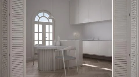 White folding door opening on minimalist classic kitchen with island and chai Stock Illustration