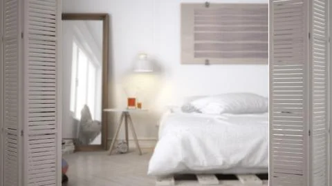 White folding door opening on modern scandinavian minimalist bedroom with diy Stock Illustration