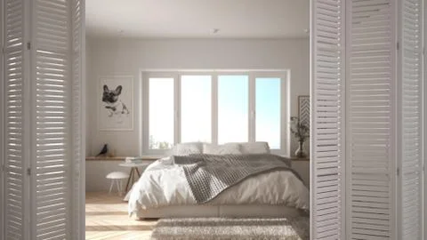 White folding door opening on modern minimalist bedroom with big window, spir Illustrazione stock