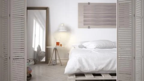 White folding door opening on modern minimalist bedroom with double bed, inte Stock Illustration