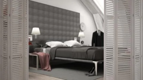 White folding door opening on modern luxury contemporary bedroom, interior de Stock Illustration