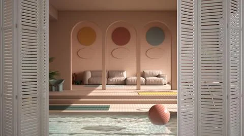 White folding door opening on modern minimal colored living room in rosy tone Stock Illustration