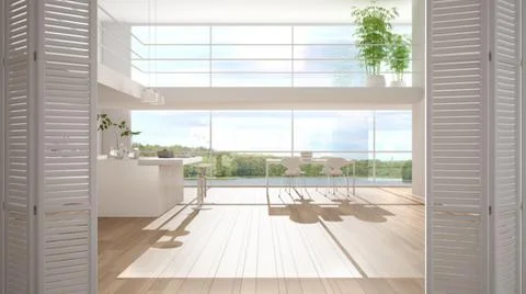 White folding door opening on modern white kitchen with island and table, big Stock Illustration