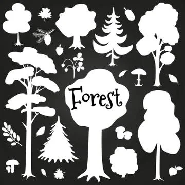 White forest elements on chalkboard. Tree, bushes, branches elements 스톡 일러스트
