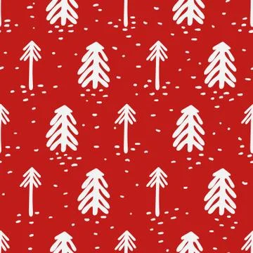 White forest seamless vector pattern on red Stock Illustration
