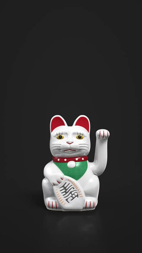 White fortune cat waves paw on black background. 動画素材 267842897