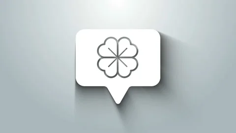White Four leaf clover in speech bubble icon isolated on grey background. Happy Stock Footage 145731794
