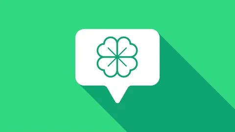 White Four leaf clover in speech bubble icon isolated on green background. Happy Stock Footage 146951896