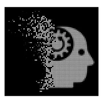 White Fragmented Pixel Halftone Brain Gears Rotation Icon Stock Illustration