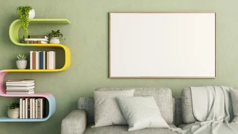 White frame and rainbow bookshelf hanging on green wall over grey sofa with.. Stock Illustration