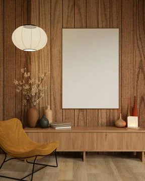 White frame and round lamp on wooden wall over table an yellow fabric accen.. Ilustração Stock