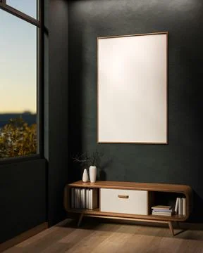 White frame on dark green wall over bookshelf drawer table on wooden parque.. イラスト素材