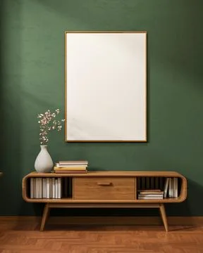 White frame on dark green wall over flower vase and book on drawer table on.. Stock Illustration