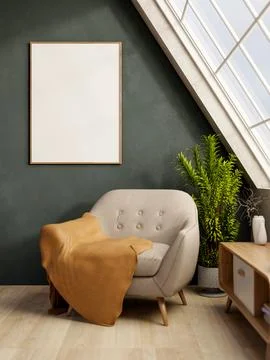White frame on green wall over sofa chair on wooden parquet floor under roo.. Ilustração Stock