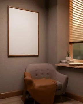 White frame on grey wall over sofa armchair with blanket under window with .. Ilustração Stock