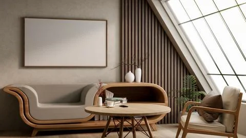 White frame hanging over a multifunctional wooden armchair and round table .. Ilustração Stock