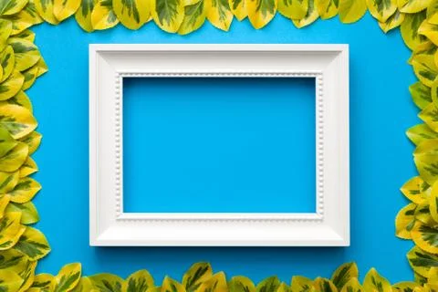 White Frame with Leaves on Blue Background Stock Photos