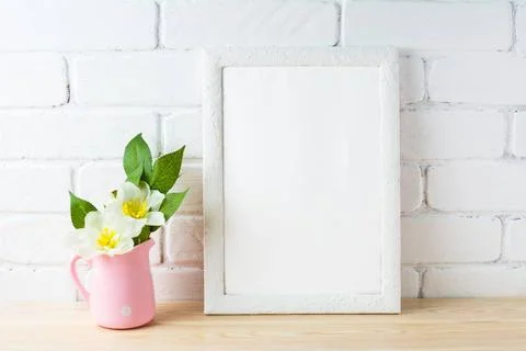 White frame mockup with rustic pink flower pot White frame mockup with rus... Stock Photos